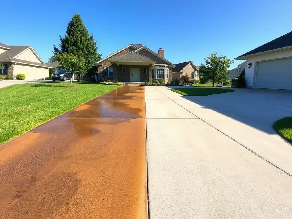 A before-and-after shot of a heavily stained driveway, with one half showing the stain and the other half showing a clean, stain-free surface after Pressure Washing Folsom's treatment.