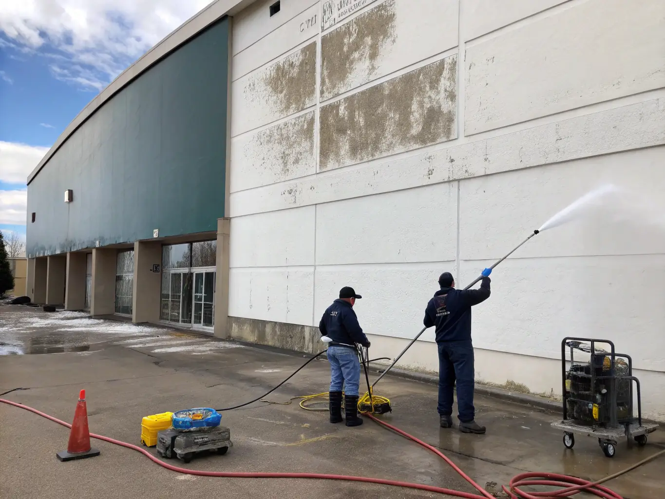 A commercial building's facade being pressure washed, highlighting the removal of graffiti and dirt, with a focus on the clean and refreshed appearance. The setting is a busy commercial area in Folsom, California.
