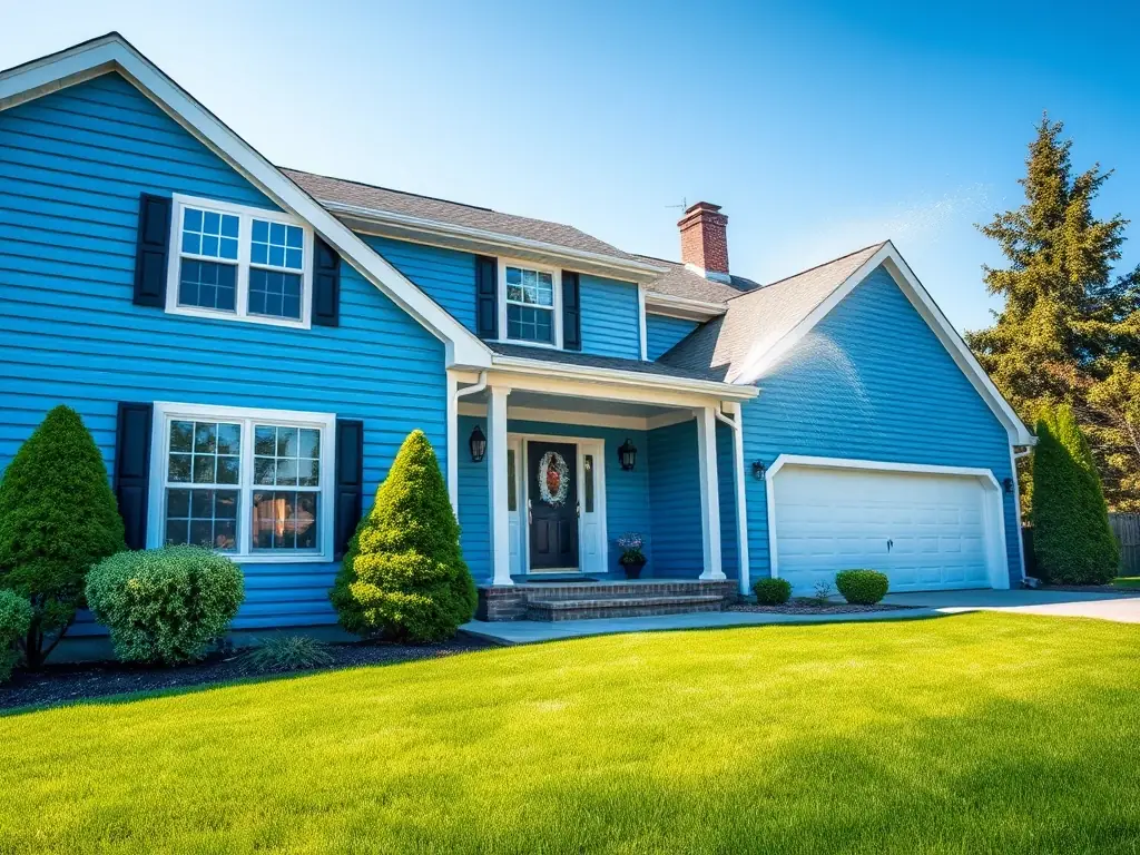 A clean, modern house exterior being pressure washed, showcasing the removal of dirt and grime, with a focus on the siding and windows. The setting is a sunny day in a suburban neighborhood in Folsom, California.