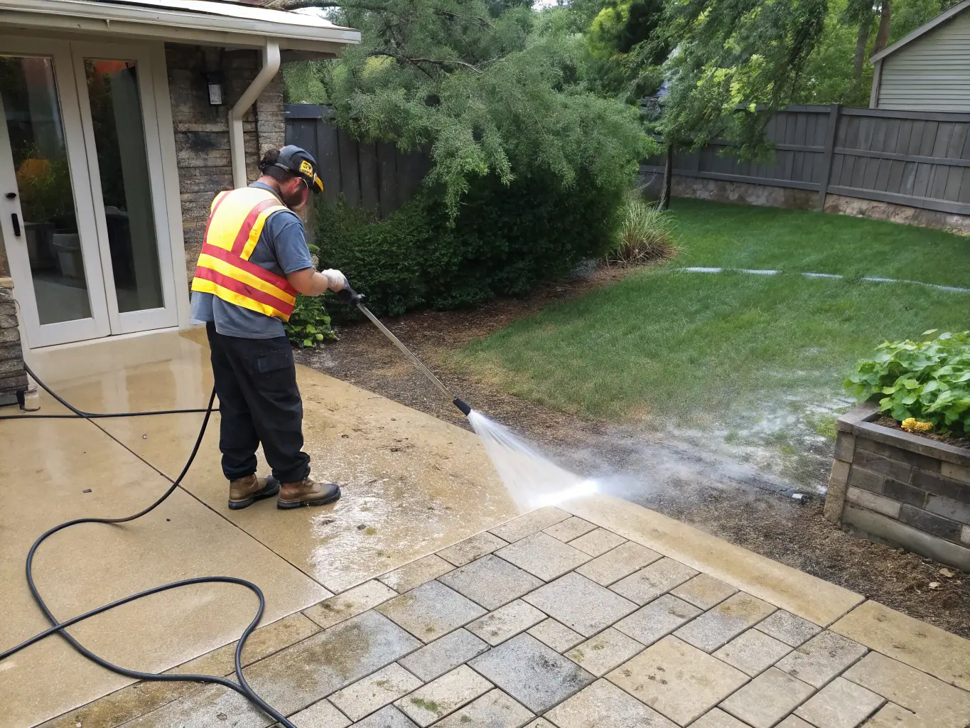 A close-up shot of a Pressure Washing Folsom technician carefully cleaning a delicate patio surface with specialized equipment, ensuring no damage occurs.