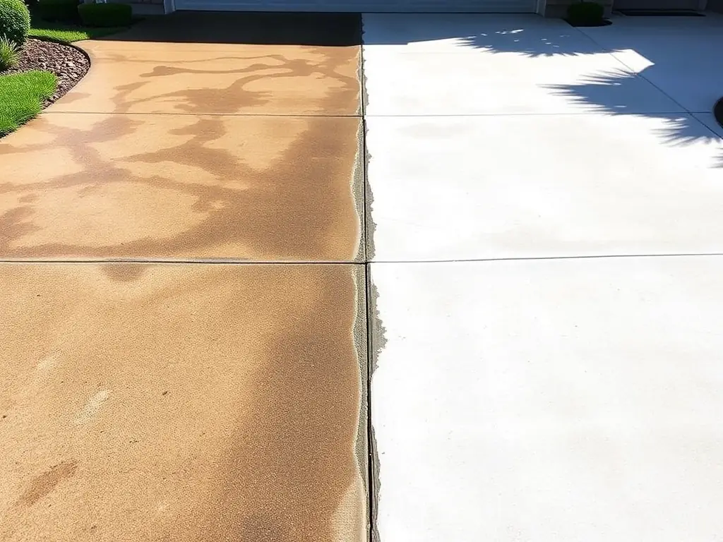 A close-up of a driveway with tough oil stains being effectively removed by pressure washing, showcasing the before-and-after transformation. The setting is a residential driveway in Folsom, California.