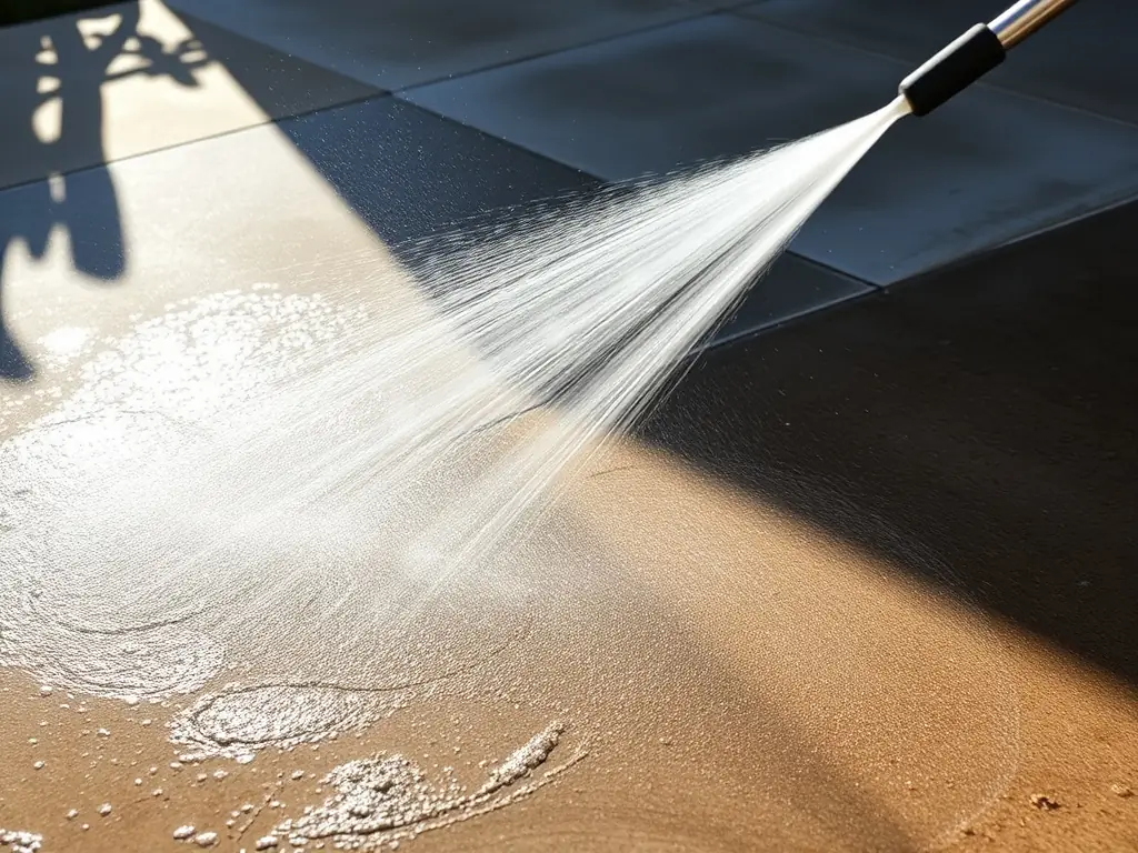 Close-up of a driveway with oil stains being effectively removed by Pressure Washing Folsom's specialized stain and oil removal service, revealing a clean surface.