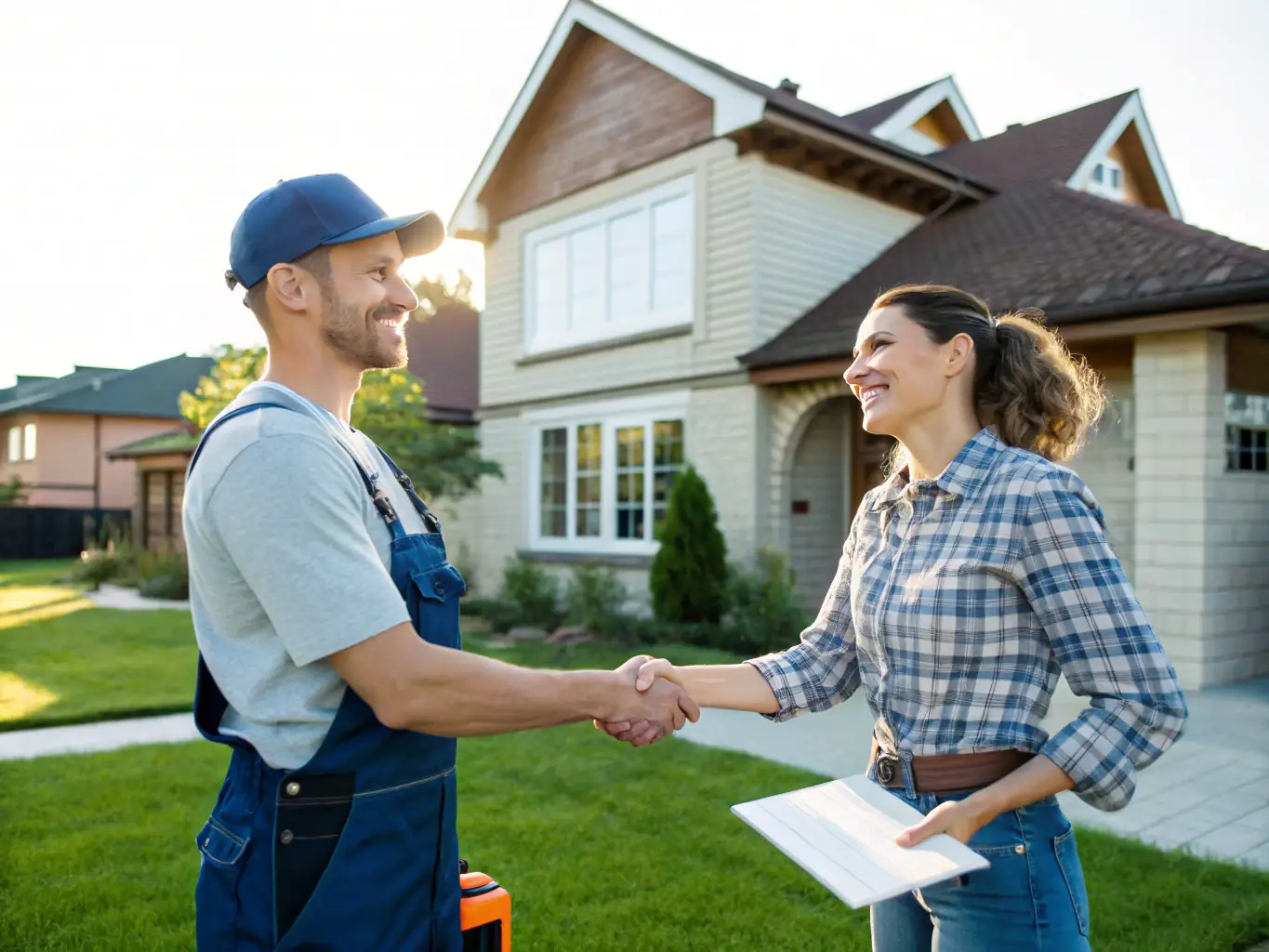 A friendly, uniformed Pressure Washing Folsom technician smiling and shaking hands with a satisfied homeowner in front of their freshly cleaned house.
